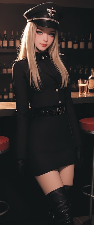 1girl, solo, long hair, breasts, looking at viewer, smile, bangs, blue eyes, skirt, blonde hair, shirt, gloves, long sleeves, hat, closed mouth, jacket, full body, boots, black gloves, belt, indoors, miniskirt, black skirt, black footwear, uniform, cup, military, military uniform, knee boots, bottle, peaked cap, alcohol, drinking glass, pencil skirt, military hat, iron cross, stool, shelf, bar \(place\), counter, bar stool