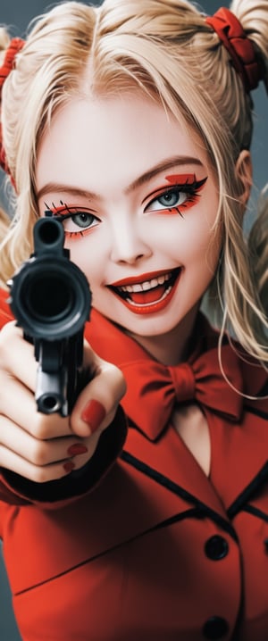 beauty blonde, neuropathy, bizarre crazyness, Joker alike, psycopath attitude, armed and dangerous, pointing a gun, sexy, happy,ct-jeniiii