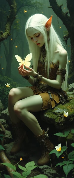 A mystical female goblin sits serenely on a moss-covered rock amidst a whimsical forest, blending earthy elegance with her unique charm. Her radiant white hair cascades down her back as she gently cradles a glowing butterfly in delicate fingers. The soft leather and cloth tunic adorns her with bone jewelry and natural accents, while her pale green skin glows softly. Luminescent plants, fireflies, and magical creatures surround her, bathed in the high-contrast light of the forest, creating an ultra-detailed, dreamlike atmosphere.