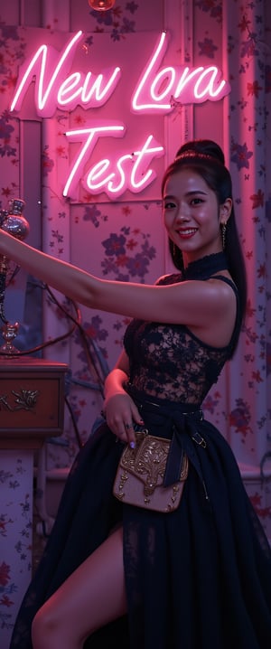 A very beautiful woman is pointing at the viewer and smiling, pointing at a large neon sign that says "New Lora Test". The background is dark gothic  with  dark tones in a Japanese style. Detailed texture, high quality, high resolution, high precision, realism, color correction, good lighting settings, harmonious composition, Behance work, watercolor, text, the text is "",ct-kjbp