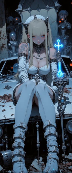 A close-up shot of a tattooed woman cleric, KaoS, sitting on the hood of a destroyed car in a cyberpunk- gothic post-apocalyptic setting. She wears a thigh-high white latex mini dress with mechanical parts and joints visible beneath, exuding sensuality and determination. Her long straight hair falls around her face as she gazes directly at the camera. A glowing scepter rests against her cross-adorned chest, surrounded by neon lights and reflections that create a dazzling display of sparkles. In the background, a cult altar stands amidst darkness, with shattered glass and debris scattered across the ground. The lighting emphasizes texture in her clothes, damage on the car, and crumbling surroundings, casting dramatic shadows and highlights.,ct-dbe,ct-style559