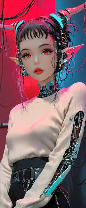 1 cyborg girl,((mechanical parts, mechanical joints, mechanical)) solo, looking at viewer, short hair, bangs, black hair, red eyes, long sleeves, holding, animal ears, jewelry, closed mouth, upper body, earrings, horns, pointy ears, indoors, hand up, sweater, cup, lips, holding cup, realistic, nose, white sweater, antlers, cyberpunk club, dark, moody, wires, neon, sexy