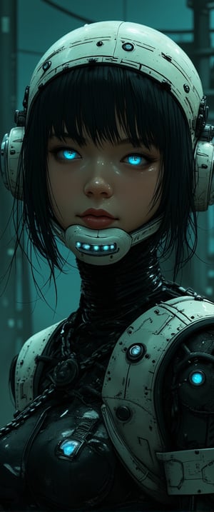 A vibrant cartoon woman stands , t. Her long black hair cascades over her shoulders, framing her face with white helmet adorned with black buttons and a blue light. Blue eyes pop against the dark locks. A black and white robot costume wraps around her, . Amidst this moody, atmospheric setting, her elegant posture exudes an enchanting contrast, drawing us in to unravel the secrets of her mysterious world.,ct-identityV2,ct-colority,ct-sensanime,ct-bustyy2,ct-chainb,ct-fititty,ct-leetity