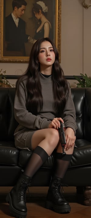 ,(ultra realistic,32k, masterpiece:1.2),(high detailed skin:1.1),( high quality:1.1), (masterpiece, best quality), best quality, masterpiece, photorealistic, ultrarealistic, professional photograph shot on Canon EOS R6, More detail,)  a woman is seated on a black leather couch. She is dressed in a gray long-sleeved t-shirt, a gray skirt, and black boots with black laces. Her long, dark brown hair is cascading down her shoulders, framing her face. She's holding a black gun in her right hand, and her left hand is resting on the couch. In the background, a wall with a painting of a man and a woman can be seen.,jisosmile,ct-identity,vntgfnts style,low quality 1980 movie screengrab,lowres,cinematic,film grain,blurry,ct-skyzo_identity,dynamic_pose,aesthetic_pose