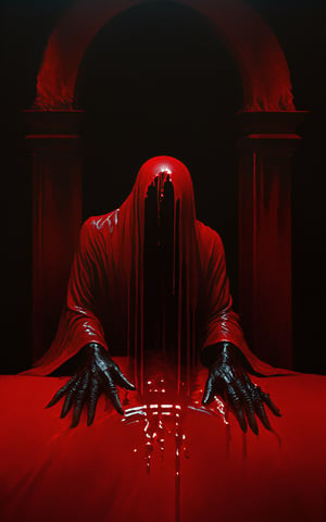 presence of death before his victims, blood dripping from his hands representing the corrupted souls he has captured, presence of red to emphasize the blood, agony and stress, purgatory scene, crawling aberrations,LegendDarkFantasy,beyond_the_black_rainbow