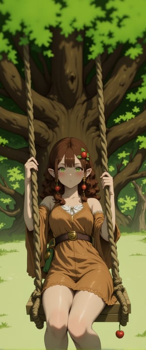 Under the sprawling canopy of a lush green tree, an adorable elf girl perches on a wooden swing suspended from its sturdy branches. Her curly brown locks are adorned with a delicate apple-shaped hairpin, adding to her whimsical charm. The soft focus and warm lighting evoke a sense of serenity as she gently sways back and forth, exuding an irresistible cuteness. Ink-like lines define the contours of her features, blending seamlessly with the natural world.,ct-physmstyle