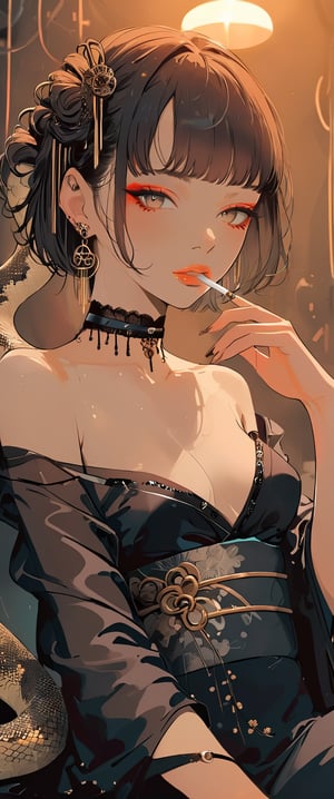 A femme fatale cyborg sits solo in a smoky cyberpunk club, petting a snake  as it gazes directly at the viewer. Her short hair and bangs frame her striking features, adorned with jewelry and a black choker. She dons a revealing seethrough kimono, paired with Japanese-style earrings. A cigarette dangles from her lips as she exudes an air of sexy sophistication, surrounded by the dark, gritty atmosphere of Conrad Roset's style.