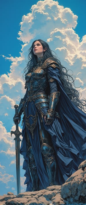 In a heroic stance, the majestic warrior stands triumphant against a brilliant blue sky dotted with soft, cotton-like clouds. Her raven tresses flow like a dark waterfall down her back, as she wears full-body armor adorned with shoulder guards and a flowing cape that billows behind her like misty clouds. With slender fingers firmly grasping a weapon at the ready, she strikes a confident pose, evoking traditional anime and manga styles with a touch of elegance reminiscent of Kawanabe Kyosai's works, as the warm sunlight casts a gentle glow on her regal figure against the serene sky.