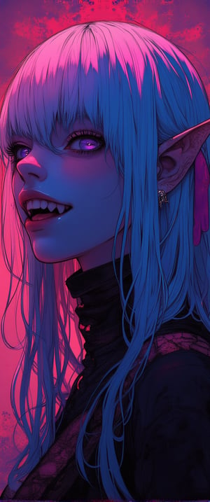 looking at viewer, 1girl, solo, long hair, blush, smile, open mouth, bangs, jewelry, closed eyes, upper body, white hair, multicolored hair, earrings, teeth, tongue, pointy ears, tongue out, makeup, fangs, colored inner hair, (((neon theme))), dark theme, vivid color, masterpiece, best quality, amazing quality, very aesthetic, absurdres, depth of field,,sexy girl
