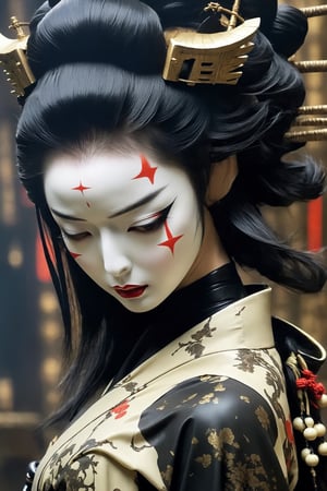 poster of a sexy  geisha [suffering,  burdened by the weight of a deception, burden]  in a  [throne of bones ], ,  very_high_resolution, latex clothing uniform, eye angle view,  , designed by  Dave Mckean,aw0k nsfwfactory,aw0k magnstyle,danknis,sooyaaa,Anime ,IMGFIX

,kwon-nara-xl