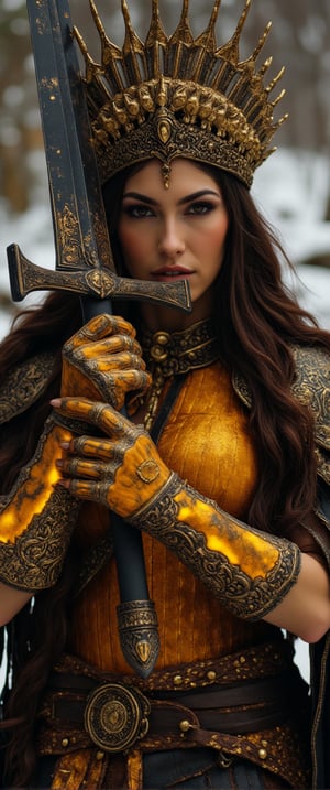 The goddess of war, Extreme Upper Body Closeup Portrait, Vibrant Amber and golden-black color graded. Her face and eyes are shaded by an oversized crown. This eerie armored Bedouin warrior witch MaleniaRot playfully holds the Blade built into Malenia's prosthetic arm up to her face, grinning mischievously. The background is snowy and shadowy, hinting at her connection to ice and frost. The glowing dark outlines define her muscular physique and ornate suit of armor, which includes a translucent amber and black chest piece with intricate designs., The 70mm lens captures every detail, framing her provocative pose within a cinematic composition that transports us to a low-res 1980s movie screen.,ct-hope,ct-coramay,ct-hope2,ct-horrority,ct-yung4,ct-kds