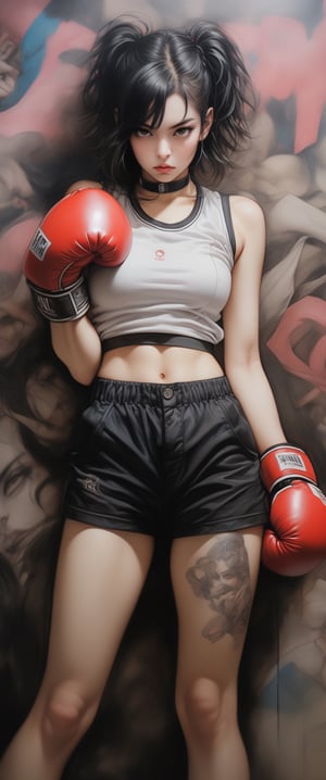 hyper realistic, photo realistic, (close up), comic style, , dark spring, dark kawaii, in a polo biker shorts, ((wearing large boxing gloves)), ,  triple exposure, perfect fingers, perfect body, japanese ink, immaculate composition, dynamic pose, brian viveros, katsuya terada, esao andrews, anne stokes, dynamic pose, dynamic light and shadow, hyperrealism,ct-jeniiii