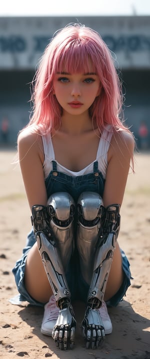 score_9, score_8_up, score_7_up,Masterpiece, highest quality 1girl, solo, looking at viewer, bangs, sitting, purple eyes, full body, pink hair, shoes, medium puffy coach, coach, white footwear, tank top, robot, sneakers, science fiction, realistic, overalls, mechanical arms, cyborg, single mechanical arm, prosthesis, mini robots arround,anime,dal-1
