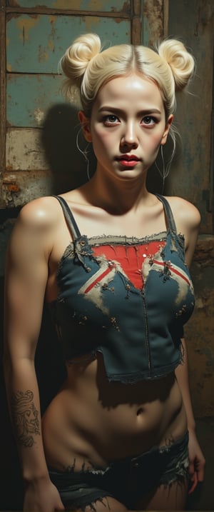 This image is a highly detailed, realistic digital painting of a woman standing in a gritty, rundown room. She is a young woman with a pale, athletic build and light skin, wearing a punk-inspired outfit. She has platinum blonde hair styled in two high pigtails. Her outfit includes a white crop top with the Union Jack flag emblazoned on the chest, which is torn and revealing her midriff.