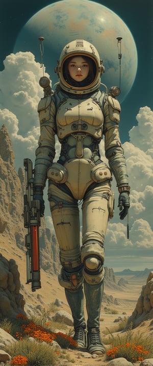 ,(ultra realistic,32k, masterpiece:1.2),(high detailed skin:1.1),( high quality:1.1), (masterpiece, best quality), best quality, masterpiece, photorealistic, ultrarealistic, professional photograph shot on Canon EOS R6, More detail,) a woman in a spacesuit with a gun in front of a planet, Style of Jim Burns, Retro-Science-Fiction-Art, cyborg goddess in cosmos, Greg Beeple, Vintage Science-Fiction-art, 7 0 s Sci-Fi-art, Frank Kelly Freas, 1 9 8 0 s Retro-Science-Fiction-art.,wonder beauty,Enhanced all,Anime Style

, ,jisosmile,ct-identity,vntgfnts style,low quality 1980 movie screengrab,lowres,cinematic,film grain,blurry,,cyberpunk,FuturEvoLabScene,anime xzf woman