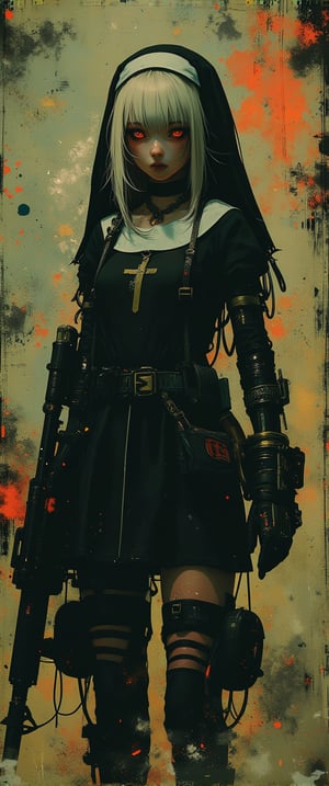  Full body shot, Cyberpunk, Gothic, Biomechanical ( 1girl, solo, looking at viewer, red eyes, gloves, holding, hair between eyes, weapon, white hair, holding weapon, gun, cross, holding gun, rifle, pouch, nun, assault rifle, habit)
), , abstract cubist, Perfect Composition, High Contrast, Atmospheric, Moody, Raw photo, realistic, cinematic lighting, soft shadows, sharp focus, fractal, colorful, depth of field, best quality, 16k resolution,
,ct-animepopstyle,anime,style of Mattias Adolfsson,ct-sensual,cyberpunk,ct-sensual-v2