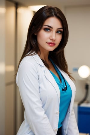 Female doctor in a hospital, lipstick , large bust, woman is central in the shot looking at the camera. photorealistic, HDR, cinematic lighting, sharp focus, serious expression, white lab coat, beautiful woman, Movie Still, looking at the camera, beautiful face,detailed face,Lady, beautiful long legs, long hair, short sleeves, DOA,blurry_light_background, nice eyes, detailed eyes, full shot of the woman, woman dressed in lab coat with doctors gown underneath 