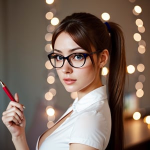 photorealistic, HDR, cinematic lighting, sharp focus, ponytail, serious, black thigh length boots, beautiful office woman in a red pencil skirt,Movie Still, medium breasts, beautiful face,detailed face,Lady, holding clipboard in one hand and a pen in the other, looking over her spectacles, beautiful long legs, long hair, DOA,blurry_light_background, nice eyes, detailed eyes, 