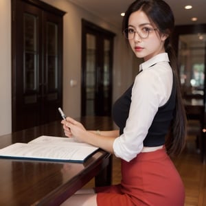 blank room with woman sitting on the table in red pencil skirt, woman is central in the shot looking at the camera. photorealistic, HDR, cinematic lighting, sharp focus, ponytail, serious, black boots, beautiful woman,Movie Still, looking at the camera, beautiful face,detailed face,Lady holding clipboard in one hand and a pen in the other, looking over her spectacles, beautiful long legs, long hair, DOA,blurry_light_background, nice eyes, detailed eyes, 