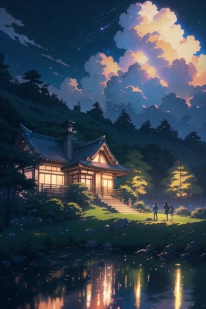 

```a house sitting beside a lush green hillside, inspired by Makoto Shinkai, fantasy art, night clouds, neon lighting, mount olympus, ultra hd anime wallpaper, close up iwakura lain, sitting on the cosmic cloudscape, beautifull puffy clouds. anime, in style of kyoto animation, anime yuru camp, night time scene, cinematic lighting, 4k cinematic art by, (Makoto Shinkai),  Clyde Aspevig, Pino Daeni, Krenz Cushart, baroque masterpiece, highres, best quality, sharp focus, hyper detailed, soft focus, scenery, intricated (pixel art:0.3), ```