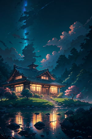 ```a house sitting beside a lush green hillside, inspired by Makoto Shinkai, fantasy art, night clouds, neon lighting, mount olympus, ultra hd anime wallpaper, close up iwakura lain, sitting on the cosmic cloudscape, beautifull puffy clouds. anime, in style of kyoto animation, anime yuru camp, night time scene, cinematic lighting, 4k cinematic art by, (Makoto Shinkai), Clyde Aspevig, Pino Daeni, Krenz Cushart, baroque masterpiece, highres, best quality, sharp focus, hyper detailed, soft focus, scenery, intricated (pixel art:0.3), ```,fantasy00d