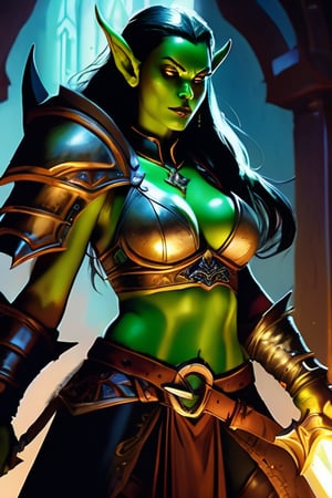 Beautiful Gorgeous Garona Hellscream as a green skinned Orc female assassin ((short pointed elflike ears)) ((short tusks pointing upwards from her jaw)) ((wearing leather armor)) in the midst of battle in a castle keep a dagger in each hand, torchlit, mafic, world of warcraft vibes, ((glowing eyes)) looking right at the viewer, desolate, intricately detailed, artistic lightning, castle keep battleground, fire, torches, orccore, dynamic poses, amazing, highly detailed, sharp focus, Nikon Z9, photograph,Movie Still,Film Still,Cinematic,Orc woman,Cinematic Shot,arcane,oni style,cyborg style