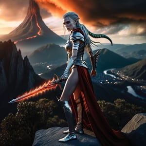 ((best quality)), ((masterpiece)), ((realistic)), (detailed),A tall gorgeous female Elf warrior stands upon a cliff ledge looking down into a valley below ((she is holding an elven sword)), fire  orange and red flames dash across a village , mountains in the background, mystical feeling, fantasy, day, an ambient occlusion render, photorealism, dark stormy sky in the distance, sharp focus, absurdres, Nikon Z9, 16k, weapon, Movie Still,Movie Still,Film Still,Realism,1girl,weapon, ((xenomorph))