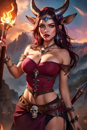 ((best quality)), ((masterpiece)), ((realistic)), (detailed), a Gorgeous Milf Latina woman Sorceress ((beautiful face)) ((tiny freckles)) ((dark cherry lipstick))  (small waist) ((with large EE-cup Breasts)) ((wearing a tiny linen tube top)) ((she wears a spiked iron crown with 2 large horns))  (( holding an  horned skull in her left hand , skull is facing the viewer ))  ((a coyote skull hangs from her waist))standing in front of a doorway with a fire in the background and a sky with clouds, dark fantasy art, 8k, hyper realistic, fantasy art, dynamic pose, amazing, highly detailed, digital art, sharp focus, Nikon Z9,xxmix girl woman,oni style,greg rutkowski