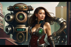 very complex hyper-maximalist overdetailed cinematic tribal Steampunk  beautiful Asian Milf  woman with  windblown hair and Steampunk armor, pale skin and dark eyes, flirting smiling confident seductive, gothic, windblown hair, Giant Mech bot behind her, vibrant high contrast, Steampunk cityscape behind her, Omnious intricate, dynamic pose, octane, moebius, dramatic lighting, orthodox symbolism Steampunk, mist, ambient occlusion, volumetric lighting, emotional, tattoos, shot in Tokyo, hyper detailed illustration, 8k, Nikon Z9,valorantviper,green bodysuit, elbow gloves,greg rutkowski