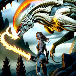 ((best quality)), ((masterpiece)), ((realistic)), (detailed),A tall gorgeous female warrior stands upon a cliff ledge looking down into a valley below ((she is holding a flamethrower )) xenomorphs are coming towards here, fire  orange and red flames dash across a village , mountains in the background, mystical feeling, fantasy, day, an ambient occlusion render, photorealism, dark stormy sky in the distance, sharp focus, absurdres, Nikon Z9, 16k, weapon, Movie Still,Movie Still,Film Still,Realism,1girl,weapon, ((xenomorph)),biopunk style