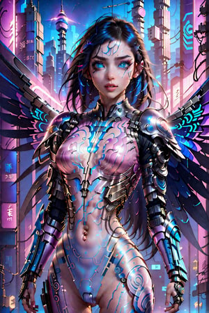 ((best quality)), ((masterpiece)), ((realistic)), (detailed), a gorgeous Cyberpunk woman ((huge EE-cup breasts)) with black windblown hair and techno armor((wearing a jetpack flying through the air holding Lazertag Gun raised in her right hand,  shooting)), 150 ft up in the air , pale skin and dark eyes, flirting smiling confident seductive, Steampunk flair, vibrant high contrast, pink and blue lit cyberpunk cityscape behind her, Omnious intricate, octane, moebius, dramatic lighting, orthodox symbolism Cyber punk, mist, ambient occlusion, volumetric lighting, emotional, tattoos, shot in Tokyo, hyper detailed, zoomed out, full body, 8k, Nikon Z9,weapon,cyberpunk style,cyberpunk,AngelicStyle