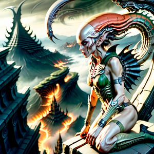 ((best quality)), ((masterpiece)), ((realistic)), (detailed),A tall gorgeous female Elf warrior stands upon a cliff ledge looking down into a valley below ((she is holding an elven sword)) xenomorphs are coming towards here, fire  orange and red flames dash across a village , mountains in the background, mystical feeling, fantasy, day, an ambient occlusion render, photorealism, dark stormy sky in the distance, sharp focus, absurdres, Nikon Z9, 16k, weapon, Movie Still,Movie Still,Film Still,Realism,1girl,weapon, ((xenomorph)),biopunk style,oni style