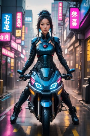 ((best quality)), ((masterpiece)), ((realistic)), (detailed), a gorgeous Cyberpunk Asian woman with blue windblown hair and techno armor((riding jetbike through the air)), 50 ft up in the air , pale skin and dark eyes, flirting smiling confident seductive, Steampunk flair, vibrant high contrast, pink and blue lit cyberpunk cityscape behind her, Omnious intricate, octane, moebius, dramatic lighting, orthodox symbolism Cyber punk, mist, ambient occlusion, volumetric lighting, wearing combat boots, emotional, tattoos, shot in Tokyo, hyper detailed, zoomed out, full body, 8k, Nikon Z9,  cyberpunk style,mecha,bingnvwang,cyberpunk style,cyberpunk,Movie Still,oni style,HZ Steampunk,LinkGirl