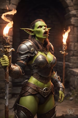 ((best quality)), ((masterpiece)), ((realistic)), (detailed), Beautiful Gorgeous Garona Hellscream as a  green skinned Orc female assassin ((short pointed elflike ears)) ((short tusks pointing upwards from her jaw)) ((wearing leather armor)) in the midst of battle in a castle keep a dagger in each hand, torchlit, mafic, world of warcraft vibes, ((glowing eyes)) looking right at the viewer, desolate, intricately detailed, artistic lightning, castle keep battleground, fire, torches, orccore, dynamic poses, amazing, highly detailed, sharp focus, Nikon Z9,
orczor