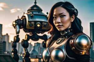 very complex hyper-maximalist overdetailed cinematic tribal Steampunk  beautiful Asian Milf  woman with  windblown hair and Steampunk armor, pale skin and dark eyes, flirting smiling confident seductive, gothic, windblown hair, Giant Mech bot behind her, vibrant high contrast, Steampunk cityscape behind her, Omnious intricate, dynamic pose, octane, moebius, dramatic lighting, orthodox symbolism Steampunk, mist, ambient occlusion, volumetric lighting, emotional, tattoos, shot in Tokyo, hyper detailed illustration, 8k, Nikon Z9,valorantviper,green bodysuit, elbow gloves,greg rutkowski