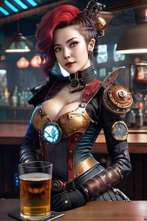 (masterpiece, best quality), A Gorgeous Steampunk beautiful Milf women with red  windblown hair and Steampunk armor in a Steampunk bar with lots of people ((Huge EE-cup breasts)), nightlife,  pale skin and dark eyes, flirting smiling confident seductive, gothic, windblown hair, vibrant high contrast, cyberpunk nightlife behind her, Omnious intricate, octane, moebius, dramatic lighting, orthodox symbolism Diesel punk, mist, ambient occlusion, volumetric lighting, emotional, tattoos, hyper detailed, 8k, Nikon Z9,steampunk style,cyborg style