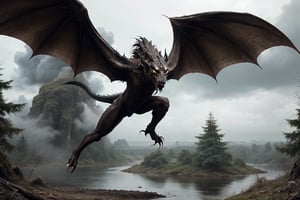 ((best quality)), ((masterpiece)), ((realistic)), (detailed), a dark brown dragon flying through the air over a woodland area, cloudy sky, ((gothic)),  very detailed, symmetrical face + zoomed out + extremely detailed + ultra-realistic, soft shadows + photorealistic , + 4k + uhd + 3d + octane render + cinematic, unreal engine, epic, dramatic, cinematic lighting, high contrast, 8k, photo-realistic, full body , dynamic posing, feminine, no watermark signature, detailed background, cloudy sky, insanely detailed, ,((masterpiece)), absurdres, HDR, Nikon Z9