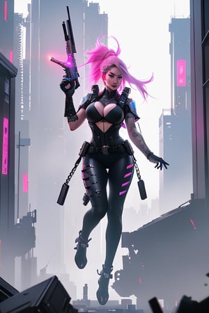 ((best quality)), ((masterpiece)), ((realistic)), (detailed), a gorgeous Cyberpunk woman ((huge EE-cup breasts)) with black windblown hair and techno armor((wearing a jetpack flying through the air holding Lazertag Gun raised in her right hand,  shooting)), 150 ft up in the air , pale skin and dark eyes, flirting smiling confident seductive, Steampunk flair, vibrant high contrast, pink and blue lit cyberpunk cityscape behind her, Omnious intricate, octane, moebius, dramatic lighting, orthodox symbolism Cyber punk, mist, ambient occlusion, volumetric lighting, emotional, tattoos, shot in Tokyo, hyper detailed, zoomed out, full body, 8k, Nikon Z9,weapon,drow