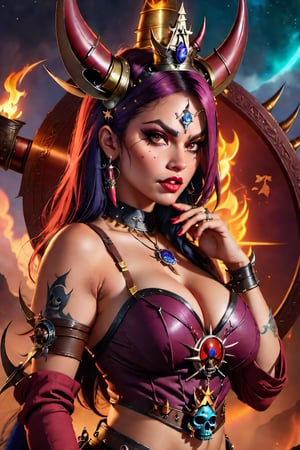 ((best quality)), ((masterpiece)), ((realistic)), (detailed), a Gorgeous Milf Latina woman Sorceress ((beautiful face)) ((tiny freckles)) ((dark cherry lipstick))  (small waist) ((with large EE-cup Breasts)) ((wearing a tiny linen tube top)) ((she wears a spiked iron crown with 2 large horns))  (( holding an  horned skull in her left hand , skull is facing the viewer ))  ((a coyote skull hangs from her waist))standing in front of a doorway with a fire in the background and a sky with clouds, dark fantasy art, 8k, hyper realistic, fantasy art, dynamic pose, amazing, highly detailed, digital art, sharp focus, Nikon Z9,xxmix girl woman,oni style
