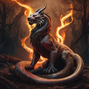 realistic, Serpent with head of a Lion, scales like a bearded dragon dark crimson stripes along back, large goat horns, desolate, intricately detailed, lightning, flames rising around charred woodland ground, beautiful, dynamic pose, amazing, highly detailed, digital art, sharp focus,Nikon Z9,oni style