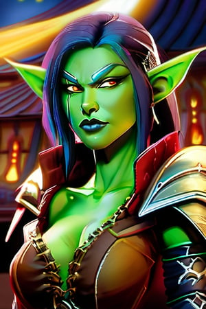 ((best quality)), ((masterpiece)), ((realistic)), (detailed), Beautiful Gorgeous Garona Hellscream as a  green skinned Orc female assassin ((short pointed elflike ears)) ((short tusks pointing upwards from her jaw)) ((wearing leather armor)) in the midst of battle in a castle keep a dagger in each hand, torchlit, mafic, world of warcraft vibes, ((glowing eyes)) looking right at the viewer, desolate, intricately detailed, artistic lightning, castle keep battleground, fire, torches, orccore, dynamic poses, amazing, highly detailed, sharp focus, Nikon Z9,
orczor,orczor,oni style,xxmix girl woman