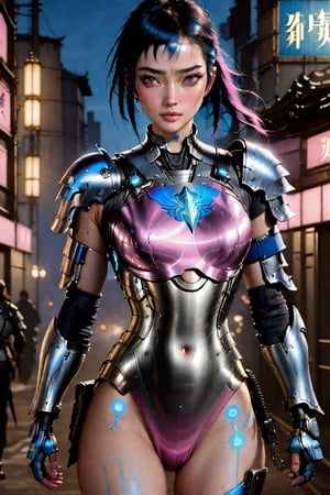 ((best quality)), ((masterpiece)), ((realistic)), (detailed), a gorgeous Cyberpunk woman ((huge EE-cup breasts)) with black windblown hair and techno armor((wearing a jetpack flying through the air holding Lazertag Gun raised in her right hand,  shooting)), 150 ft up in the air , pale skin and dark eyes, flirting smiling confident seductive, Steampunk flair, vibrant high contrast, pink and blue lit cyberpunk cityscape behind her, Omnious intricate, octane, moebius, dramatic lighting, orthodox symbolism Cyber punk, mist, ambient occlusion, volumetric lighting, emotional, tattoos, shot in Tokyo, hyper detailed, zoomed out, full body, 8k, Nikon Z9,weapon,cyberpunk style,bunnygirl tifa