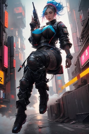 ((best quality)), ((masterpiece)), ((realistic)), (detailed), a gorgeous Cyberpunk woman ((huge EE-cup breasts)) with black windblown hair and techno armor((wearing a jetpack flying through the air holding Lazertag Gun raised in her right hand,  shooting)), 150 ft up in the air , pale skin and dark eyes, flirting smiling confident seductive, Steampunk flair, vibrant high contrast, pink and blue lit cyberpunk cityscape behind her, Omnious intricate, octane, moebius, dramatic lighting, orthodox symbolism Cyber punk, mist, ambient occlusion, volumetric lighting, emotional, tattoos, shot in Tokyo, hyper detailed, zoomed out, full body, 8k, Nikon Z9,weapon