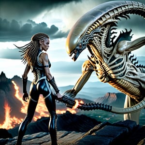 ((best quality)), ((masterpiece)), ((realistic)), (detailed),A tall gorgeous female warrior stands upon a cliff ledge looking down into a valley below ((she is holding a flamethrower )) xenomorphs are coming towards here, fire  orange and red flames dash across a village , mountains in the background, mystical feeling, fantasy, day, an ambient occlusion render, photorealism, dark stormy sky in the distance, sharp focus, absurdres, Nikon Z9, 16k, weapon, Movie Still,Movie Still,Film Still,Realism,1girl,weapon, ((xenomorph)),biopunk style