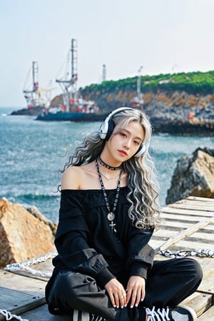 1girl,real korean face, kpop idol, big saggy breasts,French girl,grey blonde hair(very long hair, curly_hair),hiphop dancer,wearing all black clothes (loose fit top and wide cargo pants),sneakers,headphone, sitting at sea bank,horizon,seaside,accessories(necklace,ear_rings),Best Quality, 32k, photorealistic, ultra-detailed, finely detailed, high resolution, perfect dynamic composition, beautiful detailed eyes, sharp-focus, cowboy_shot,