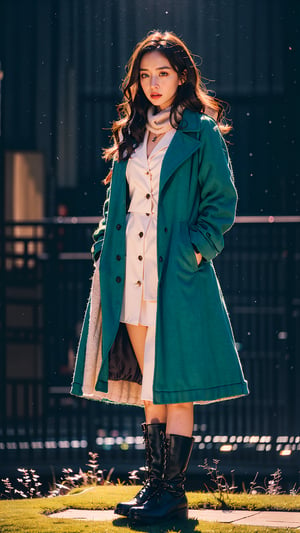 1girl, solo,korean girl, (long hair, brown hair, green eyes:1.3), (irregular long trench jacket, scarf, black boots), glitter, black, realistic style, 8k, exposure blend, (large breast, slim, angry:1.1), (full body), (fantasy clothes:1.2), (wind:1.3), dark of night, (aesthetic background),(masterpiece:1.2), (best quality, highest quality), (ultra detailed), (8k, 4k, intricate),(full-body-shot), (50mm), (highly detailed:1.2),(detailed face:1.2), detailed_eyes,(gradients),(ambient light:1.3), center subject, (cinematic composition:1.3),(HDR:1),Accent Lighting,extremely detailed,original, highres, unique pose, (perfect_anatomy:1.2), (ray tracing), dark studio, SILHOUETTE LIGHT PARTICLE, perfecteyes,