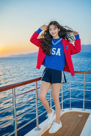 on the sea,fullbody, standing on boat at sea ,jump,smile, sneakers,real korean face,cat eyes, kpop idol,beauty girl,saggy hair(very long hair, curly_hair),long ponytail,school uniform, sera style,high school girl, bag,sneakers,, (standing on small boat at sea),santorini,horizon,seaside,vivid sea ,big sun,color,,sunset,Best Quality, 32k, photorealistic, ultra-detailed, finely detailed, high resolution, perfect dynamic composition, beautiful detailed eyes, sharp-focus, cowboy_shot, nsfw,