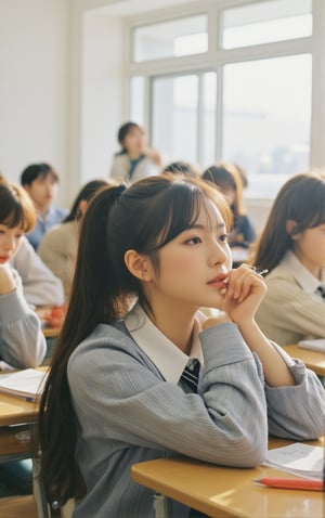  ((kohl:0.5)),((kajal:0.5)),korean girl,In a high school classroom filled with students, a beautiful female student with a high ponytail, wearing a neatly pressed school uniform, sits at her desk with one hand holding a pen, her head tilted slightly as she listens attentively to the teacher's lecture. The scene is illuminated by natural light streaming through large windows, casting soft shadows. The composition features a shallow depth of field, focusing on the student in the foreground while blurring the background, including the teacher at the front of the classroom and other students engaged in their work. The atmosphere is studious and focused, with the student's expression showing deep concentration.
