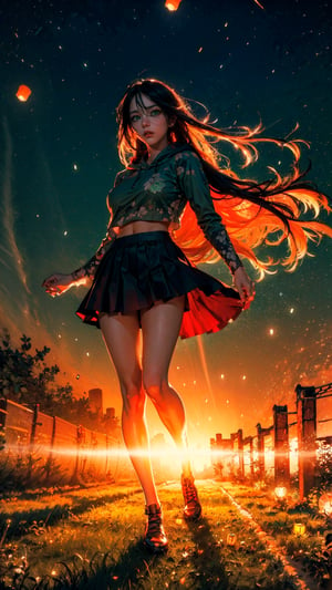 ((masterpiece)), xxmix_girl, (a woman with long hair wearing short skirt, green eyes:1.4), on a open field of grass, wind:1.4, (full body shot), (looking upward, surprised:1.2), beautiful, aesthetic, lantern festival, (((night sky full of flying lanterns))), embers of memories, colorful, glitter, (wide angle lens), (photo-realisitc), (perfect anatomy:1.2), detailed eyes:1.2, exposure blend, medium shot, bokeh, (realistic style), extremely detailed, (hdr:1.4), high contrast, (cinematic, black and orange:0.85), (muted colors, dim colors, soothing tones:1.3), low saturation, cropped hoodie underboob, large breast, SILHOUETTE LIGHT PARTICLES