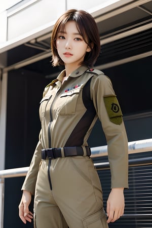 1girl, gorgeous, (dynamic pose:0.8),(cowboy shot),studio lighting, white background, japanese teen top model, bang, fringe hair, brown hair, amber eyes, (khaki army combat suit:1.2), small breasts, out door